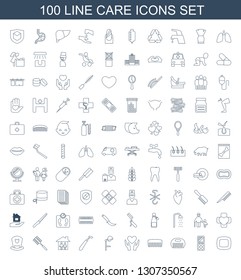 100 care icons. Trendy care icons white background. Included line icons such as soap, eyeshadow palette, comb, heart on hand, salon hair dryer, razor. care icon for web and mobile.