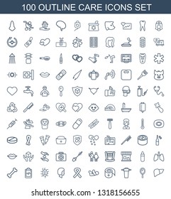 100 care icons. Trendy care icons white background. Included outline icons such as liver, mirror, tap, bandage, baby, ribbon, face, virus and pills. care icon for web and mobile.