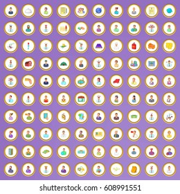 100 career icons set in cartoon style on purple background vector illustration