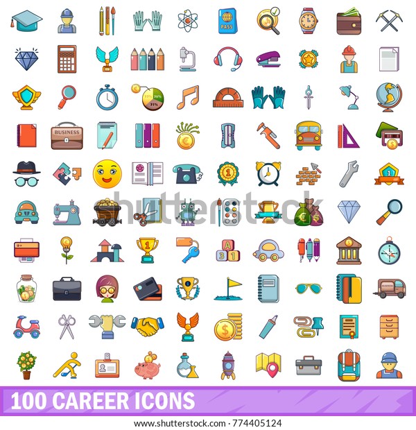 100 career icons set.\
Cartoon illustration of 100 career vector icons isolated on white\
background