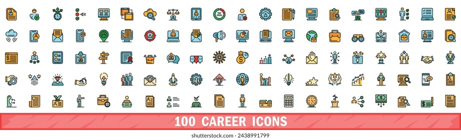 100 career icons set. Color line set of career vector icons thin line color flat on white