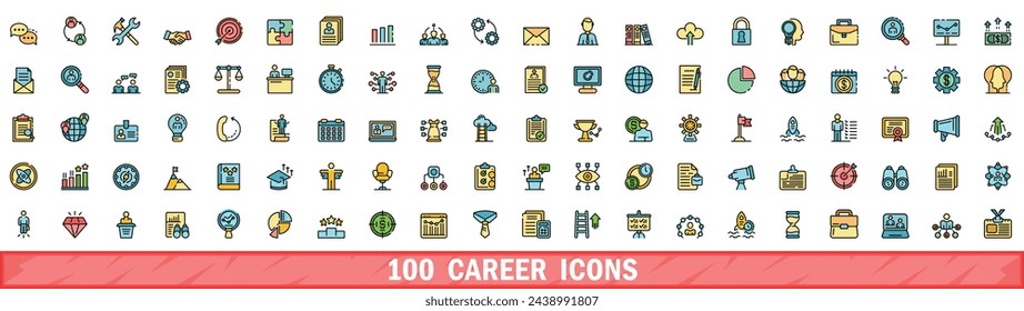 100 iconos de carrera. Conjunto de línea de color de iconos vectoriales de carrera de línea fina de color plana en blanco