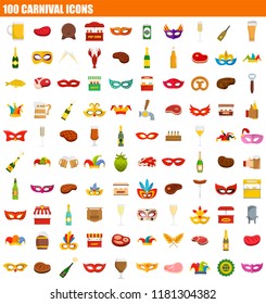 100 carnival icon set. Flat set of 100 carnival vector icons for web design