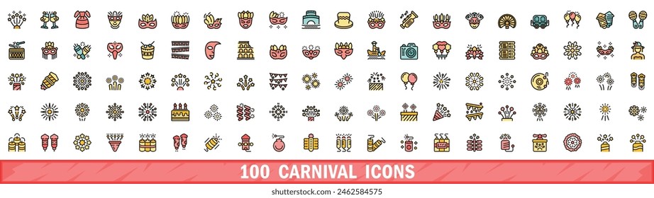 100 carnival icons set. Color line set of carnival vector icons thin line color flat on white