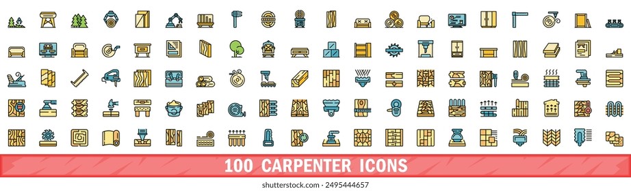 100 carpenter icons set. Color line set of carpenter vector icons thin line color flat on white