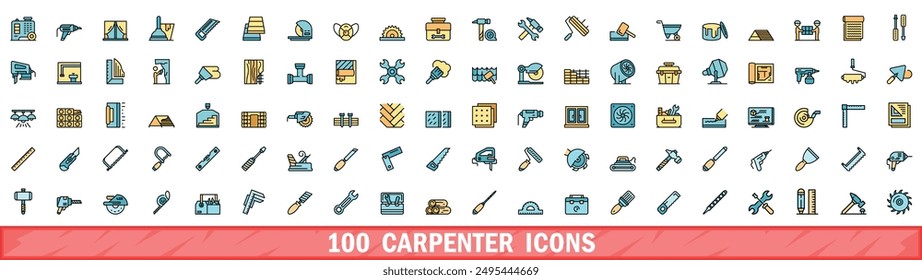 100 carpenter icons set. Color line set of carpenter vector icons thin line color flat on white