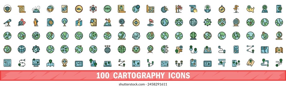 100 cartography icons set. Color line set of cartography vector icons thin line color flat on white