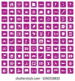 100 cartography icons set in grunge style pink color isolated on white background vector illustration