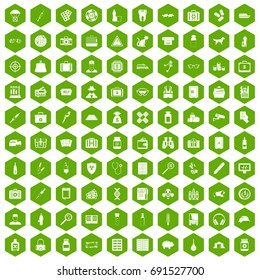 100 case icons set in green hexagon isolated vector illustration