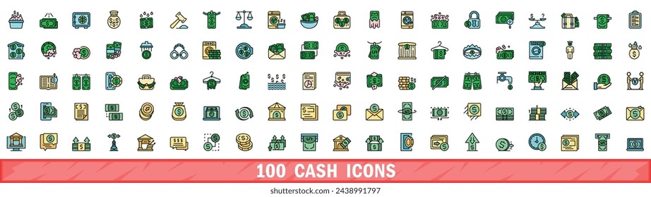 100 cash icons set. Color line set of cash vector icons thin line color flat on white
