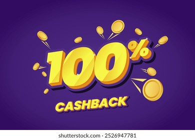 Banner promocional 100% cashback apresentando texto amarelo arrojado com efeitos brilhantes, rodeado por moedas de ouro flutuante em um fundo roxo vibrante. Perfeito para campanhas de vendas.