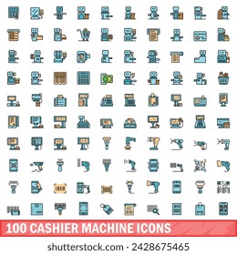 100 Kassenautomaten-Symbole gesetzt. Farblinien-Satz von Kassierer-Maschine Vektor-Symbole dünne Linie Farbe flach auf weiß