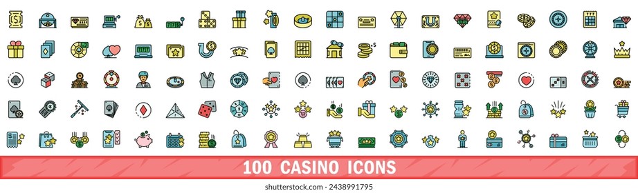 100 casino icons set. Color line set of casino vector icons thin line color flat on white