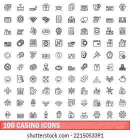 100 íconos del casino. Ilustración de esquema de 100 iconos del casino conjunto de vectores aislado en fondo blanco