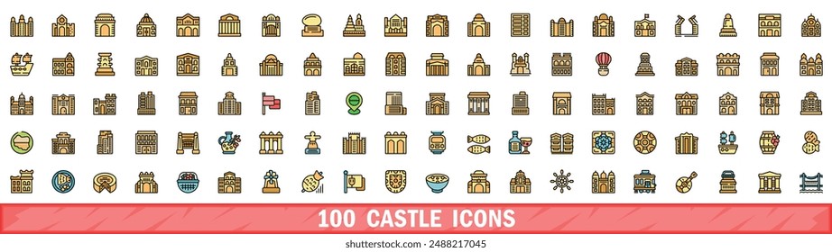 100 castle icons set. Color line set of castle vector icons thin line color flat on white