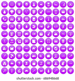 100 cat icons set in purple circle isolated on white vector illustration