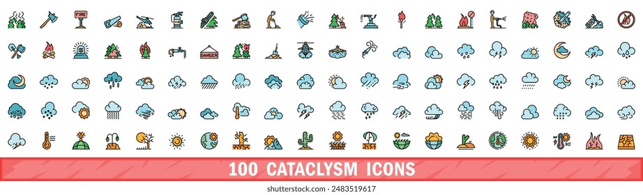 100 cataclysm icons set. Color line set of cataclysm vector icons thin line color flat on white
