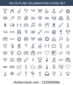 100 celebration icons. Trendy celebration icons white background. Included outline icons such as balloon, pine tree, heart balloons, cake. celebration icon for web and mobile.