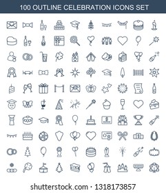 100 celebration icons. Trendy celebration icons white background. Included outline icons such as carousel, reserved, ranking, tent, heart baloons. celebration icon for web and mobile.
