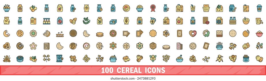 100 cereal icons set. Color line set of cereal vector icons thin line color flat on white