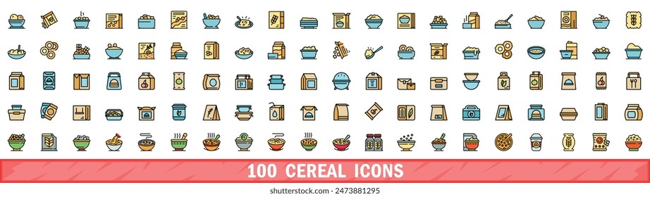 100 cereal icons set. Color line set of cereal vector icons thin line color flat on white