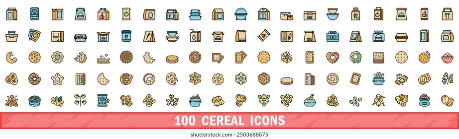 100 cereal icons set. Color line set of cereal vector icons thin line color flat on white