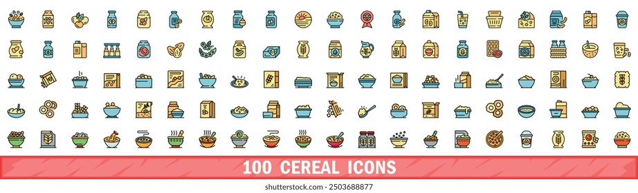 100 cereal icons set. Color line set of cereal vector icons thin line color flat on white