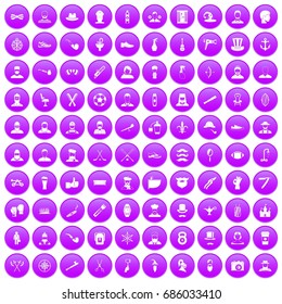 100 characters icons set in purple circle isolated on white vector illustration