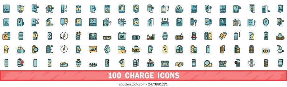 100 charge icons set. Color line set of charge vector icons thin line color flat on white