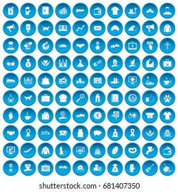 100 charity icons set in blue circle isolated on white vector illustration