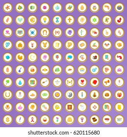 100 charity icons set in cartoon style on purple background vector illustration