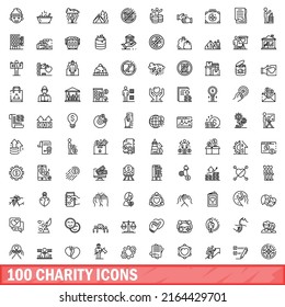 100 charity icons set. Outline illustration of 100 charity icons vector set isolated on white background