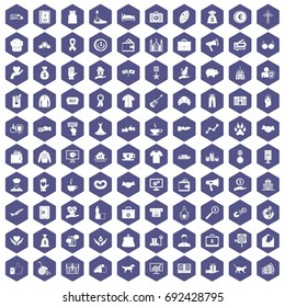 100 charity icons set in purple hexagon isolated vector illustration
