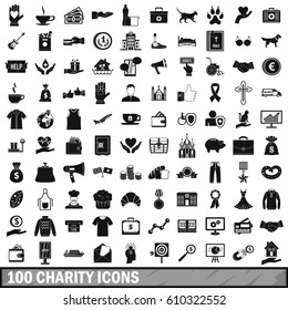 100 charity icons set in simple style. Illustration of charity icons set isolated vector for any design
