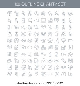 100 charity universal icons set with People linear, Voluntary Service Heart Awareness Equality Ballons Freedom Medicine Blood Donation Happy Kids linear