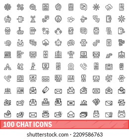 100 iconos de chat. Ilustración de esquema de 100 iconos de chat conjunto de vectores aislados en fondo blanco