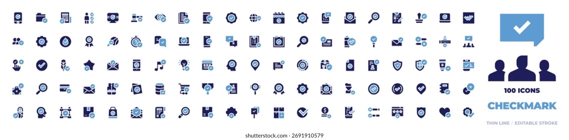 colección de 100 iconos de marca de verificación. Estilo audaz. Satisfacción del Cliente, decisión, cheque, etiqueta engomada, Encuesta, protección, barra, marca de verificación, tick, correcto.