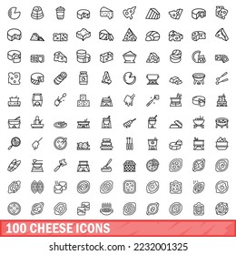 100 cheese icons set. Outline illustration of 100 cheese icons vector set isolated on white background