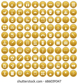 100 chemical industry icons set in gold circle isolated on white vectr illustration