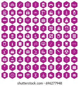 100 chemical industry icons set in violet hexagon isolated vector illustration