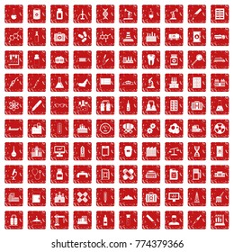 100 chemical industry icons set in grunge style red color isolated on white background vector illustration