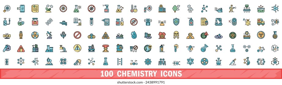 100 chemistry icons set. Color line set of chemistry vector icons thin line color flat on white