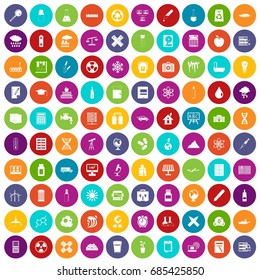 100 chemistry icons set in different colors circle isolated vector illustration