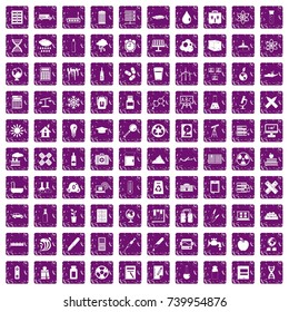 100 chemistry icons set in grunge style purple color isolated on white background vector illustration