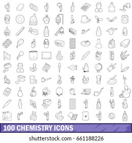 100 chemistry icons set in outline style for any design vector illustration