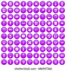 100 chemistry icons set in purple circle isolated on white vector illustration