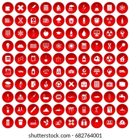 100 chemistry icons set in red circle isolated on white vector illustration