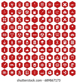 100 chemistry icons set in red hexagon isolated vector illustration