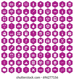 100 chemistry icons set in violet hexagon isolated vector illustration