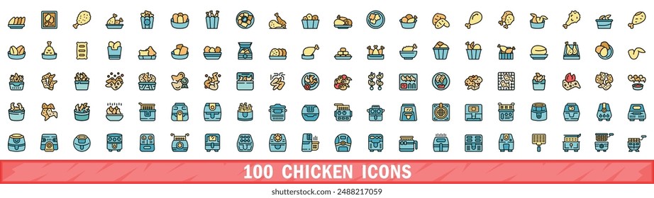 100 chicken icons set. Color line set of chicken vector icons thin line color flat on white